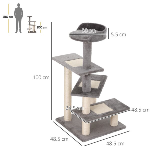 PawHut Arbore de Zgâriat pentru Pisici cu Culcuș Rotund, Stâlpi din Sisal și Acoperire din Pluș, 48,5x48,5x100 cm, Gri | Aosom Romania