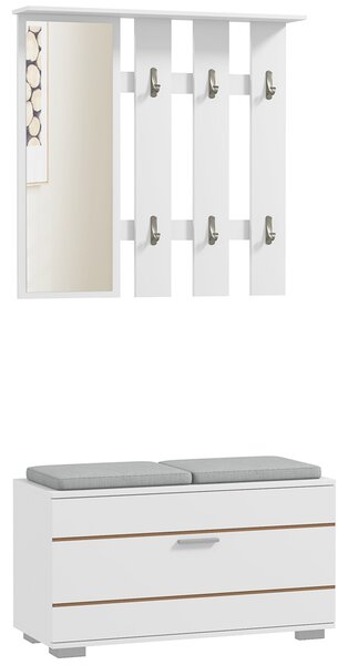 HOMCOM Set de Depozitare pentru Hol 4-în-1, Cuiere, Oglindă, Bancă pentru Încălțăminte cu Scaun, 85x35x49 cm, Alb | Aosom Romania