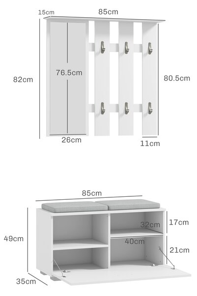 HOMCOM Set de Depozitare pentru Hol 4-în-1, Cuiere, Oglindă, Bancă pentru Încălțăminte cu Scaun, 85x35x49 cm, Alb | Aosom Romania