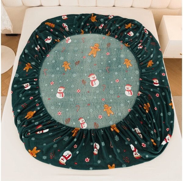 Cearsaf Cocolino microplus cu elastic SNOWMAN AND GINGERBREAD 90x200 cm verde