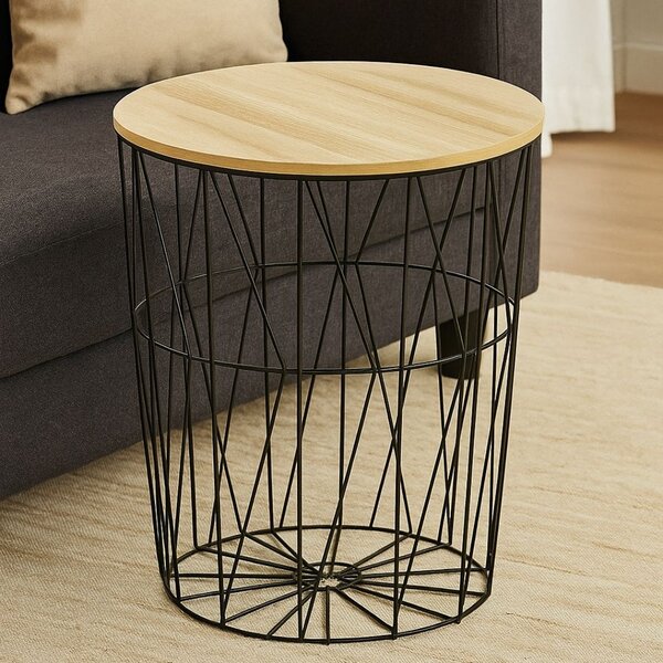 Masă rotundă cu coș de depozitare Jumi, MDF și bază metalică, negru și maro, 57x47x47 cm