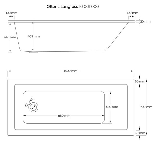 Oltens Langfoss cada dreptunghiulară 140x70 cm alb 10001000