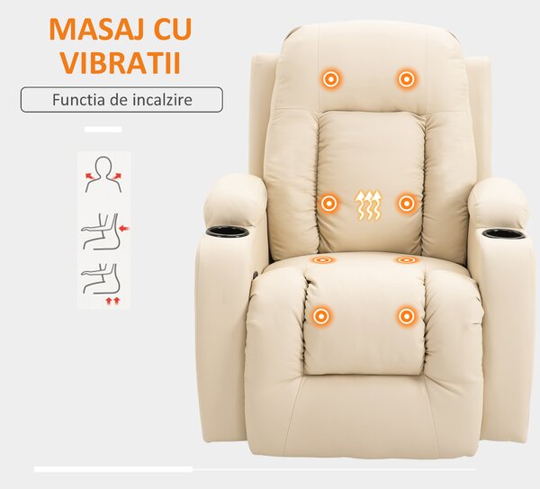 HOMCOM Fotoliu cu Masaj și Încălzire, Reclinabil, din Piele Ecologică, 8 Puncte de Masaj, cu Suporturi pentru Pahare,85x94x104cm, Bej | Aosom Romania