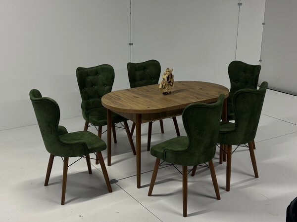 Set Masa si Scaun Oval, Elegant, Bucatarie, Living, Cafenea, Masa Extensibila si Recipient de Depozitare Pine 80 x 130-170 cm, VerdeTextile -Desire Furniture