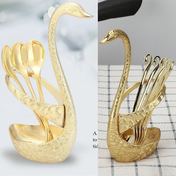 Set 6 lingurite aurii elegante Pufo cu suport decorativ in forma de lebada, design premium, ideale pentru desert, cafea si servire festiva