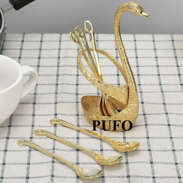 Set 6 lingurite aurii elegante Pufo cu suport decorativ in forma de lebada, design premium, ideale pentru desert, cafea si servire festiva