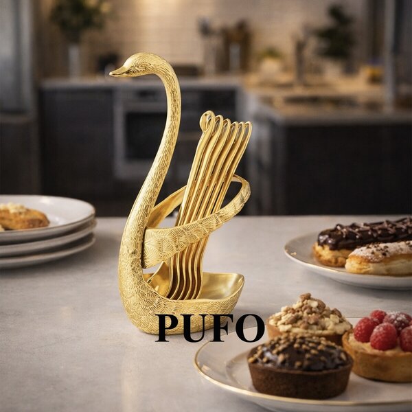Set 6 lingurite aurii elegante Pufo cu suport decorativ in forma de lebada, design premium, ideale pentru desert, cafea si servire festiva