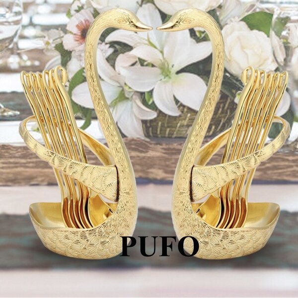 Set 6 lingurite aurii elegante Pufo cu suport decorativ in forma de lebada, design premium, ideale pentru desert, cafea si servire festiva