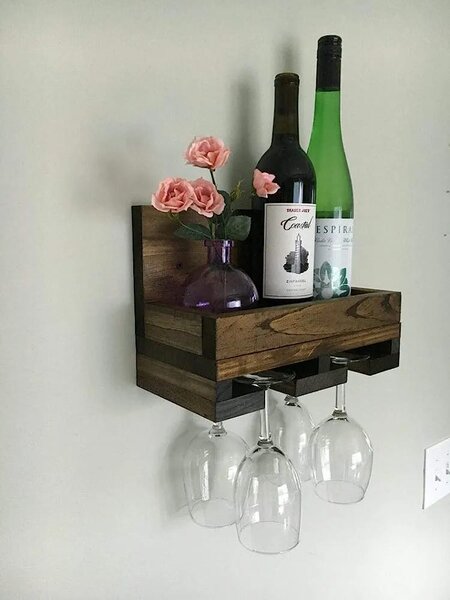 Suport sticle de vin si pahare, Baciusuci, 30x25x13 cm, nuc