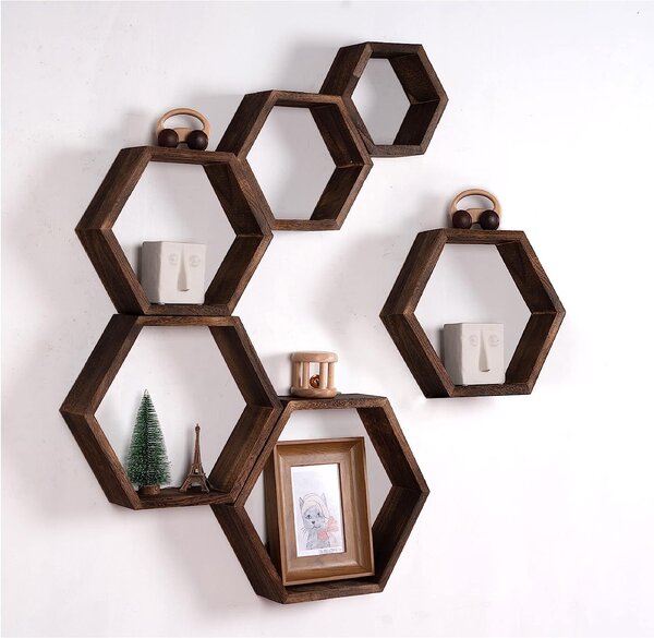 Set 6 rafturi din lemn masiv, Hexa, Nuc