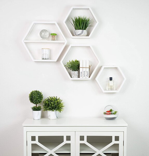 Set 4 rafturi hexagonale cu prindere ascunsa, Not So Shabby, alb antichizat