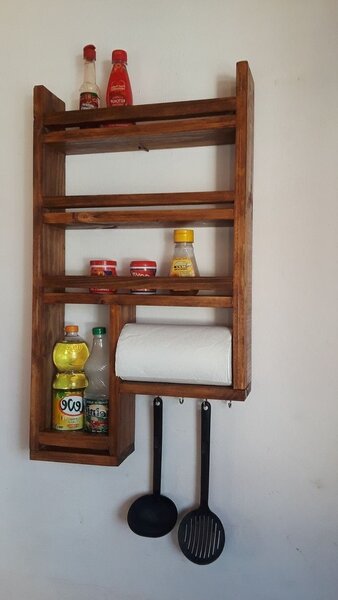 Raft de perete pentru bucatarie, Tek Wood, 80x60x9.4 cm, lemn masiv, nuc