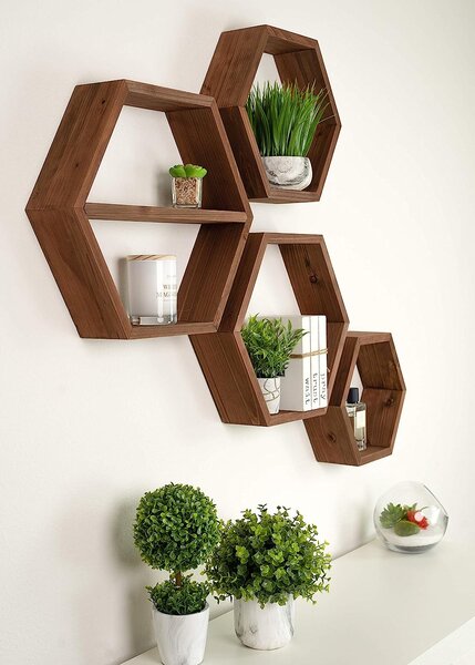 Set 4 rafturi in forma hexagonala, Timber, nuc