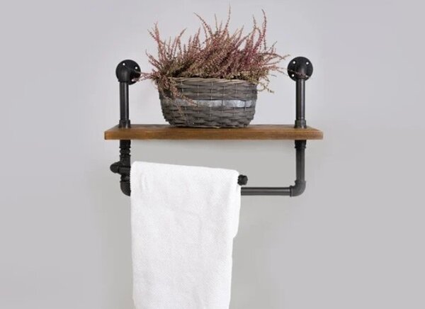 Raft de baie cu portprosop in stil industrial, Orleans, 40x32x20cm, negru/nuc