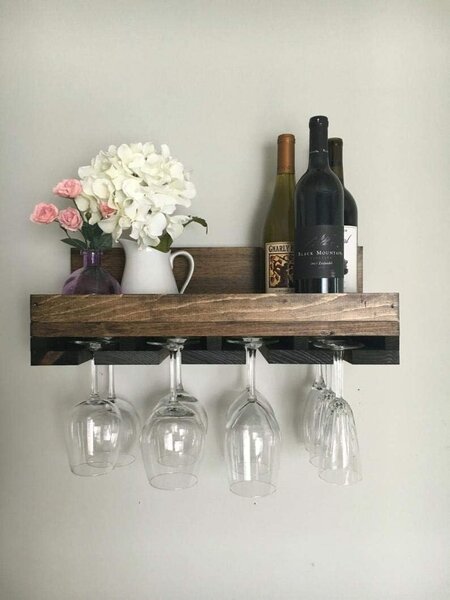Raft pentru sticle de vin si pahare, Wink Wine, 50x15.5x13.2 cm, nuc