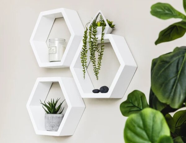 Set 3 rafturi hexagonale cu prindere ascunsa, Chester, 32.5x28x9.4 cm, alb