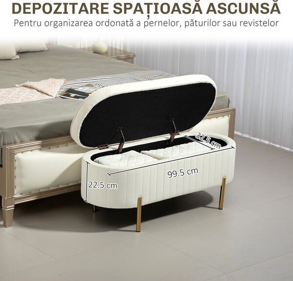 HOMCOM Bancă de Depozitare de Intrare Ovală 72L, Design Canelat cu Capac Rabatabil și Scaun Capitonat, Bancă de la Capătul Patului, Pouf, în Velur și cu Picioare din Lemn de Pin, 108x44x43.5 cm, Crem | Aosom Romania