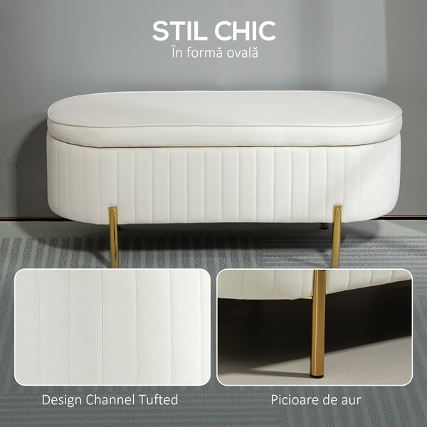 HOMCOM Bancă de Depozitare de Intrare Ovală 72L, Design Canelat cu Capac Rabatabil și Scaun Capitonat, Bancă de la Capătul Patului, Pouf, în Velur și cu Picioare din Lemn de Pin, 108x44x43.5 cm, Crem | Aosom Romania
