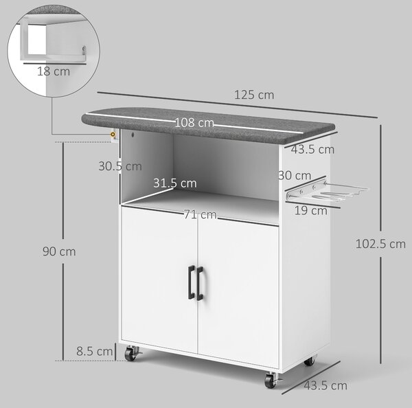 HOMCOM Dulap pentru călcat cu 2 uși și spațiu deschis, 125x43.5x102.5 cm, Alb | Aosom Romania