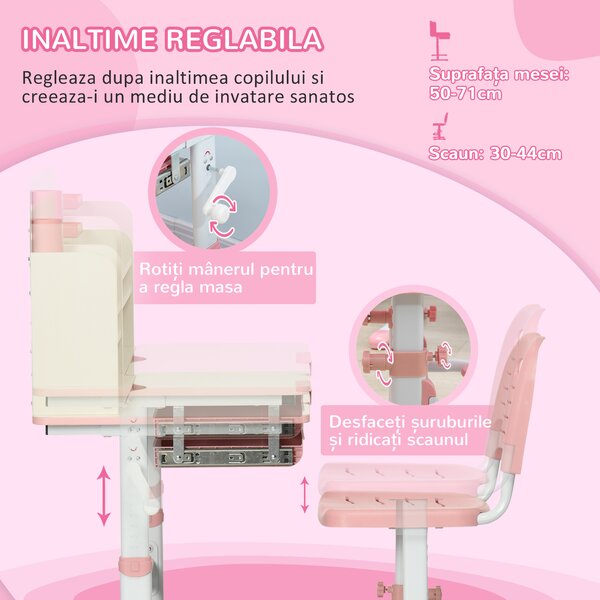 HOMCOM Set de Birou și Scaun pentru Copii de la 3 Ani Reglabil, Masă Inclinabilă 60° cu Sertar și Rafturi, Roz | Aosom Romania