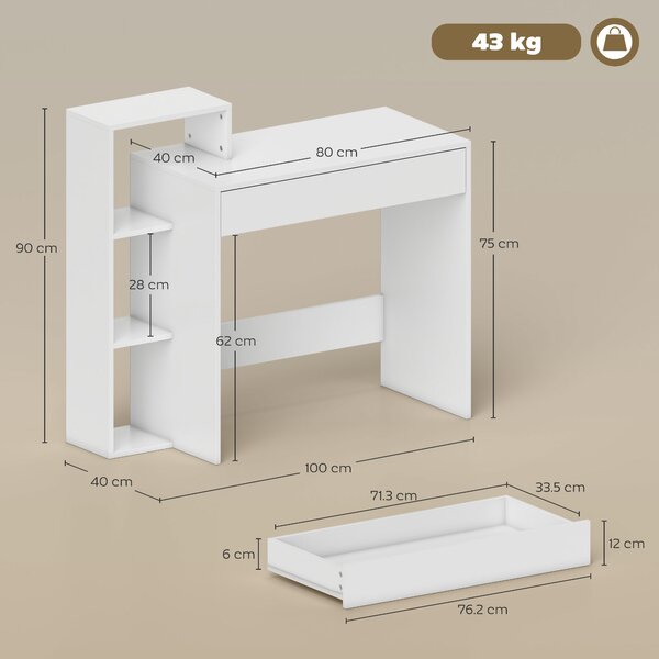 HOMCOM Compact Computer Desk with 3 Storage Shelves and Drawer, Space Saving Writing Desk, Study Table for Home Office, 110 x 40 x 92 cm, White | Aosom Romania