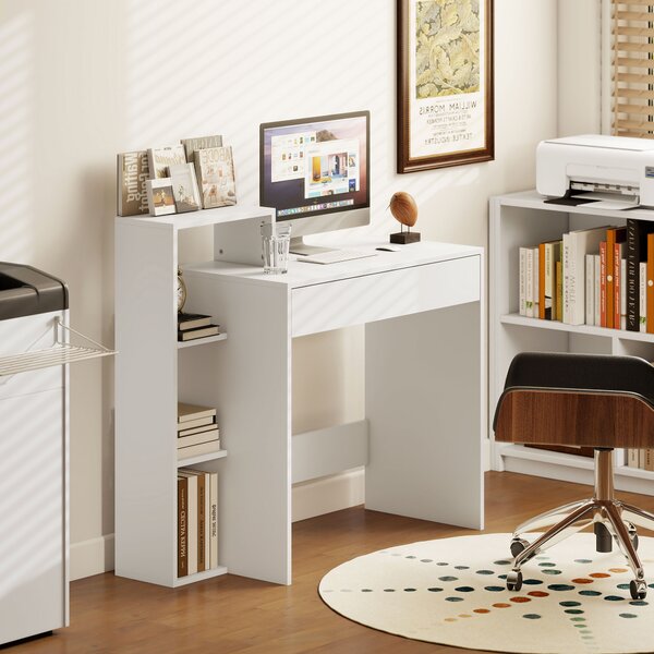HOMCOM Compact Computer Desk with 3 Storage Shelves and Drawer, Space Saving Writing Desk, Study Table for Home Office, 110 x 40 x 92 cm, White | Aosom Romania
