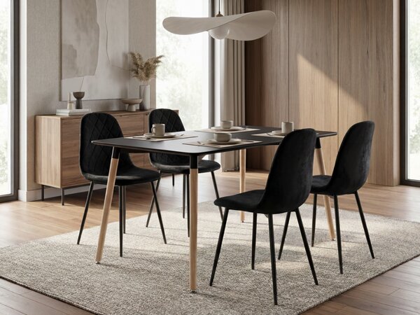 Set pentru dining 1 + 4, masa neagra ADRIA 120x80 cm + scaun negru catifelat ASTI cu picioare negre