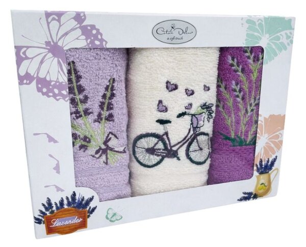 Set 3 prosoape bucatarie cu broderie, bumbac 100%, Lavanda si bicicleta