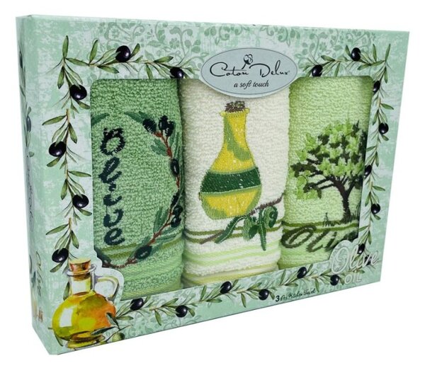Set 3 prosoape bucatarie cu broderie, bumbac 100%, Olive v2