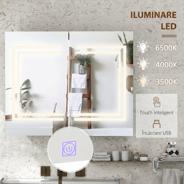 Kleankin Oglindă Baie cu Dulap și LED, 80 x 65cm, Ușă Soft Close, Reglabilă pe 3 Culori, Rafturi Ajustabile, Alb Lucios | Aosom Romania