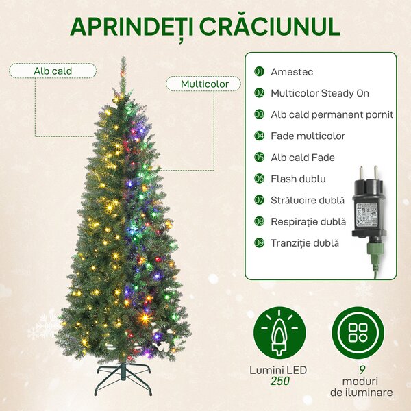 HOMCOM Pom de Crăciun Artificial de 180 cm cu Lumini Incorporate Albe și Colorate în 9 Moduri și 899 Crengi Ignifuge, Brad de Crăciun Dens și Realistic cu Bază Metalică Pliabilă pentru Acasă | Aosom Romania