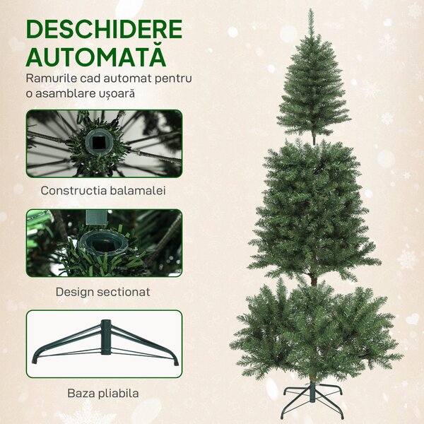 HOMCOM Pom de Crăciun Artificial de 180 cm cu Lumini Incorporate Albe și Colorate în 9 Moduri și 899 Crengi Ignifuge, Brad de Crăciun Dens și Realistic cu Bază Metalică Pliabilă pentru Acasă | Aosom Romania