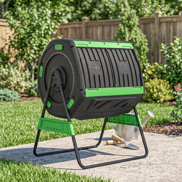 Compostor de Grădină Rotativ Outsunny 200L cu Cameră Dublă, Rotație 360°, Guri de Aerisire, Mănuși, din PP Fără BPA, pentru Compostare Deșeuri Organice din Bucătărie, Grădină și Curte | Aosom Romania