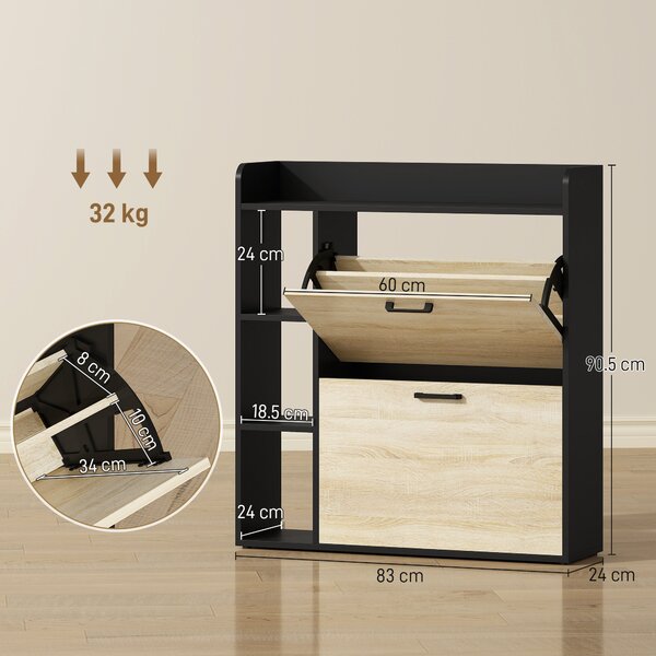 HOMCOM Dulap pentru pantofi slim cu 2 sertare și 3 compartimente deschise, Capacitate 15 perechi, 83x24x90.5 cm, Negru | Aosom Romania