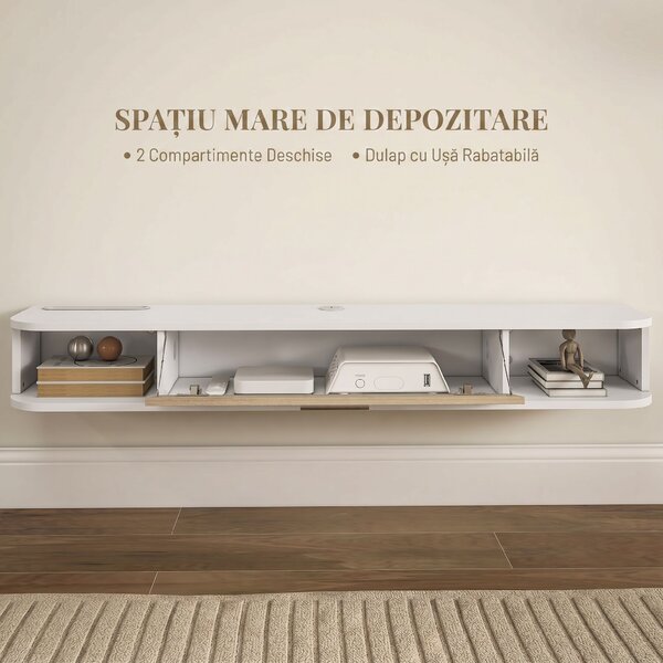 HOMCOM，Suport TV，Cu 2 Rafturi Deschise și Dulap cu Ușă Rabatabilă，MDF，120cm x 26cm x 16cm，Alb, gri | Aosom Romania