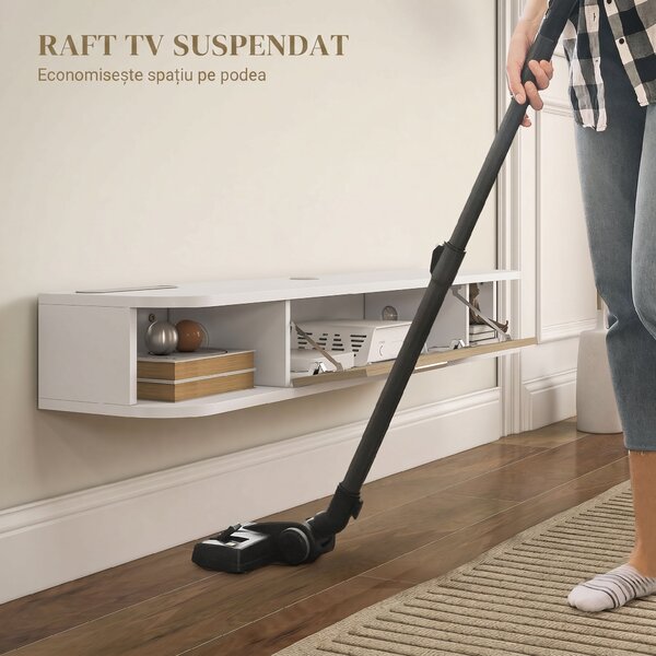 HOMCOM，Suport TV，Cu 2 Rafturi Deschise și Dulap cu Ușă Rabatabilă，MDF，120cm x 26cm x 16cm，Alb, gri | Aosom Romania