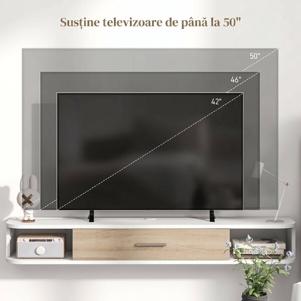 HOMCOM，Suport TV，Cu 2 Rafturi Deschise și Dulap cu Ușă Rabatabilă，MDF，120cm x 26cm x 16cm，Alb, gri | Aosom Romania