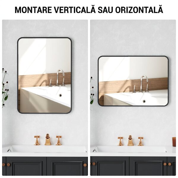 HOMCOM Oglindă de baie cu ramă metalică și agățătoare, 50x2.5x70 cm, negru | Aosom Romania