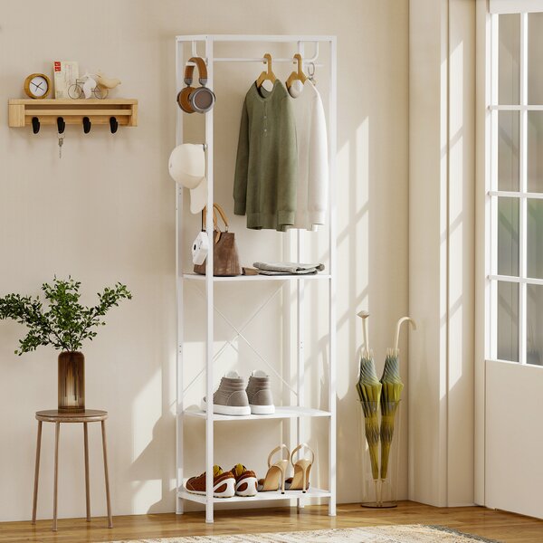 HOMCOM Cuiere de Intrare cu Suport pentru Încălțăminte, Bară pentru Haine, 4 Cârlige, Raft Superior și 2 Rafturi pentru Încălțăminte, 52x30x180 cm, Alb | Aosom Romania