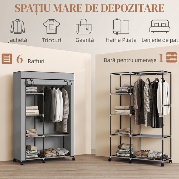 HOMCOM Dulap Portabil din Material Netesut și Oțel cu Roți, 6 Rafturi Deschise, Umeraș, Gri Deschis | Aosom Romania