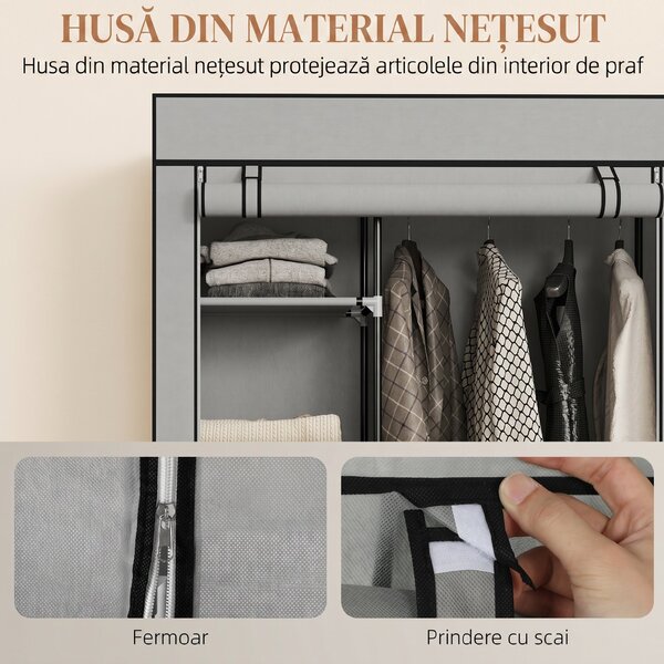 HOMCOM Dulap Portabil din Material Netesut și Oțel cu Roți, 6 Rafturi Deschise, Umeraș, Gri Deschis | Aosom Romania