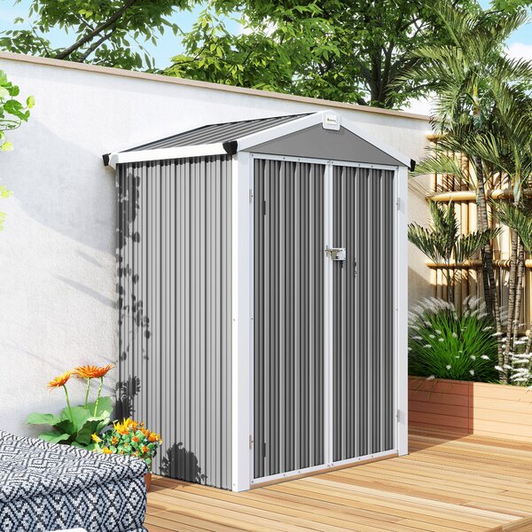 Outsunny Magazie de Grădină 1.1m² din Oțel Zincat, Magazie cu Porți Duble Largi Blocabile, Acoperiș Înclinat, Mănuși, Spațiu pentru Unelte, 133x87x178 cm, Gri Argintiu | Aosom Romania