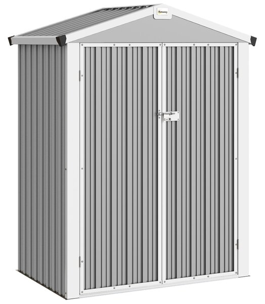 Outsunny Magazie de Grădină 1.1m² din Oțel Zincat, Magazie cu Porți Duble Largi Blocabile, Acoperiș Înclinat, Mănuși, Spațiu pentru Unelte, 133x87x178 cm, Gri Argintiu | Aosom Romania