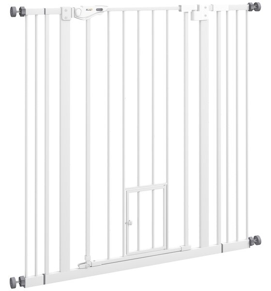 PawHut Poartă Reglabilă pentru Câini Înaltă cu Ușă Mică și Închidere Automată, 74-101x104cm, Alb | Aosom Romania
