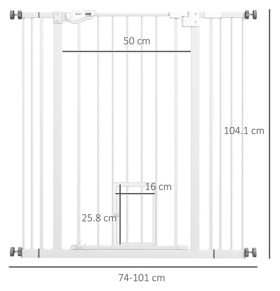 PawHut Poartă Reglabilă pentru Câini Înaltă cu Ușă Mică și Închidere Automată, 74-101x104cm, Alb | Aosom Romania