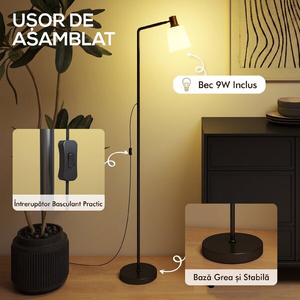 HOMCOM Lampă de podea LED cu cap rotativ la 350°, Reglare a temperaturii culorii 3000K/4000K/6500K, Negru | Aosom Romania