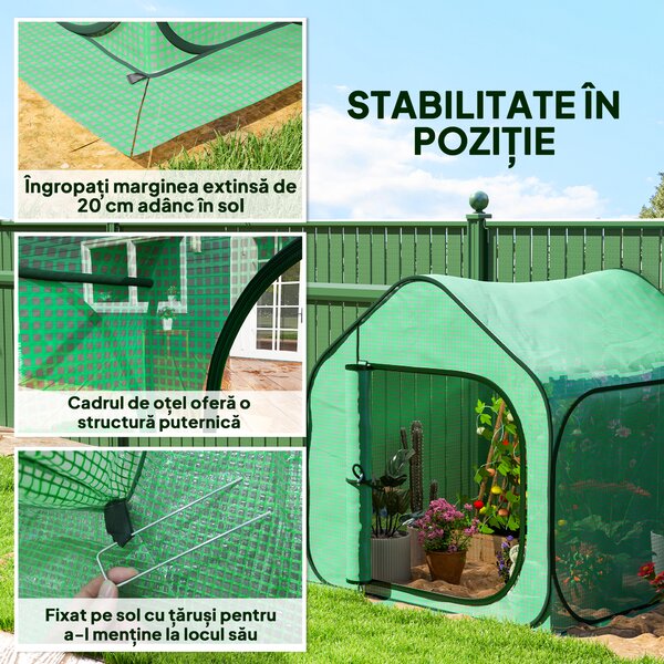 Outsunny Seră pentru Grădină cu Intrare cu Fermoar din Oțel și PE, 150x148x148 cm, Verde | Aosom Romania