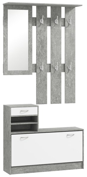 HOMCOM Mobilier Hol, 3 piese, cu Raft pentru Haine, Oglindă, 6 Cârlige, 2 Rafturi și Sertare, 90x24x177 cm, Gri | Aosom Romania