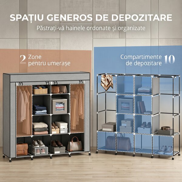 HOMCOM Dulap Textil Portabil in Material Nețesut și Oțel, cu Roți, 10 Compartimente și 2 Bare pentru Umerașe, Gri Închis | Aosom Romania