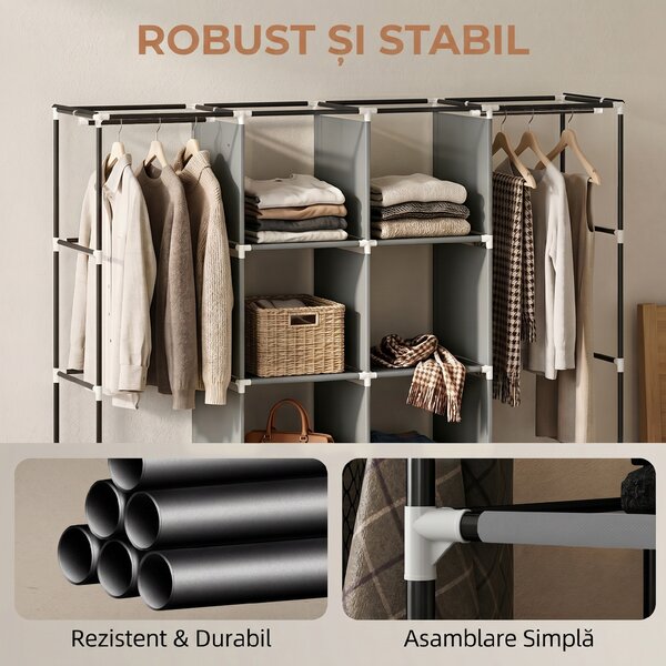 HOMCOM Dulap Textil Portabil in Material Nețesut și Oțel, cu Roți, 10 Compartimente și 2 Bare pentru Umerașe, Gri Închis | Aosom Romania